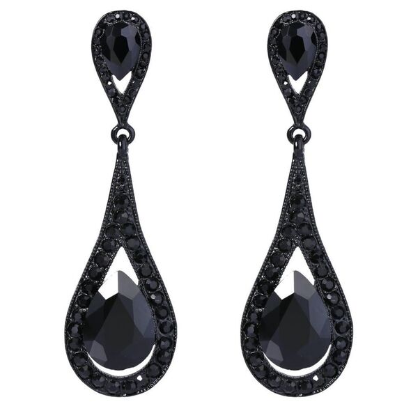 Carbon Black with Black Onyx Austrian Crystal Dual Dangling Teardrop Earrings